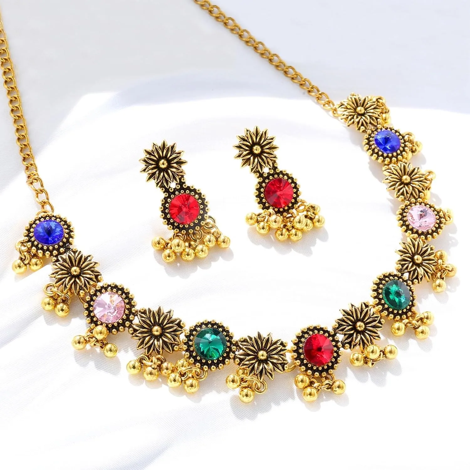 Dcfywl731 Indian Jewelry Sets for Women Bollywood Wedding Jewelry Necklace Set Oxidized Indian Choker Necklace with Maang Tikka Earrings Set Jewelry Gift
