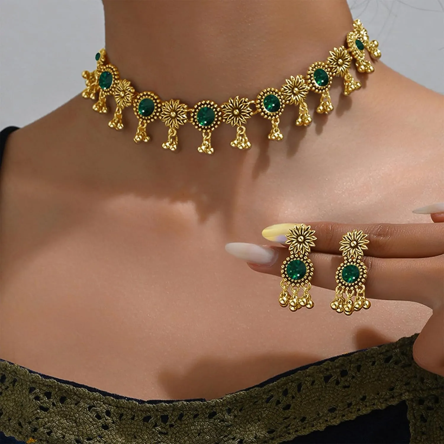 Dcfywl731 Indian Jewelry Sets for Women Bollywood Wedding Jewelry Necklace Set Oxidized Indian Choker Necklace with Maang Tikka Earrings Set Jewelry Gift