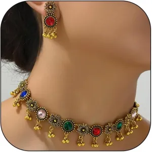Dcfywl731 Indian Jewelry Sets for Women Bollywood Wedding Jewelry Necklace Set Oxidized Indian Choker Necklace with Maang Tikka Earrings Set Jewelry Gift