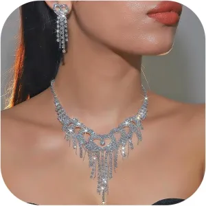 Dcfywl731 Silver Prom Jewelry Set Rhinestone Bridal Wedding Jewelry Sets for Brides Bridesmaid Formal Costume Jewelry Accessories for Wedding Prom Dresses 2025