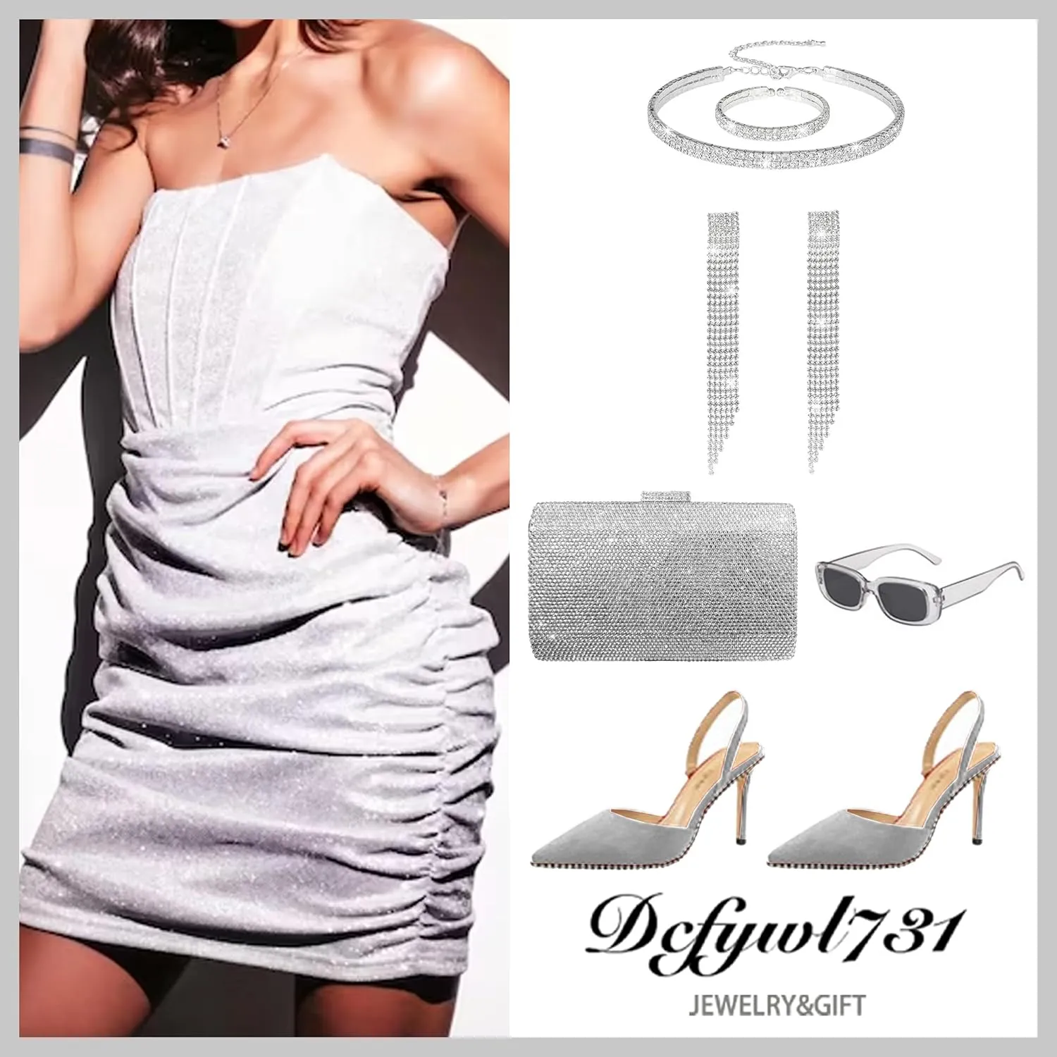 Dcfywl731 Silver Prom Jewelry Set Rhinestone Bridal Wedding Jewelry Sets for Brides Bridesmaid Formal Costume Jewelry Accessories for Wedding Prom Dresses 2025