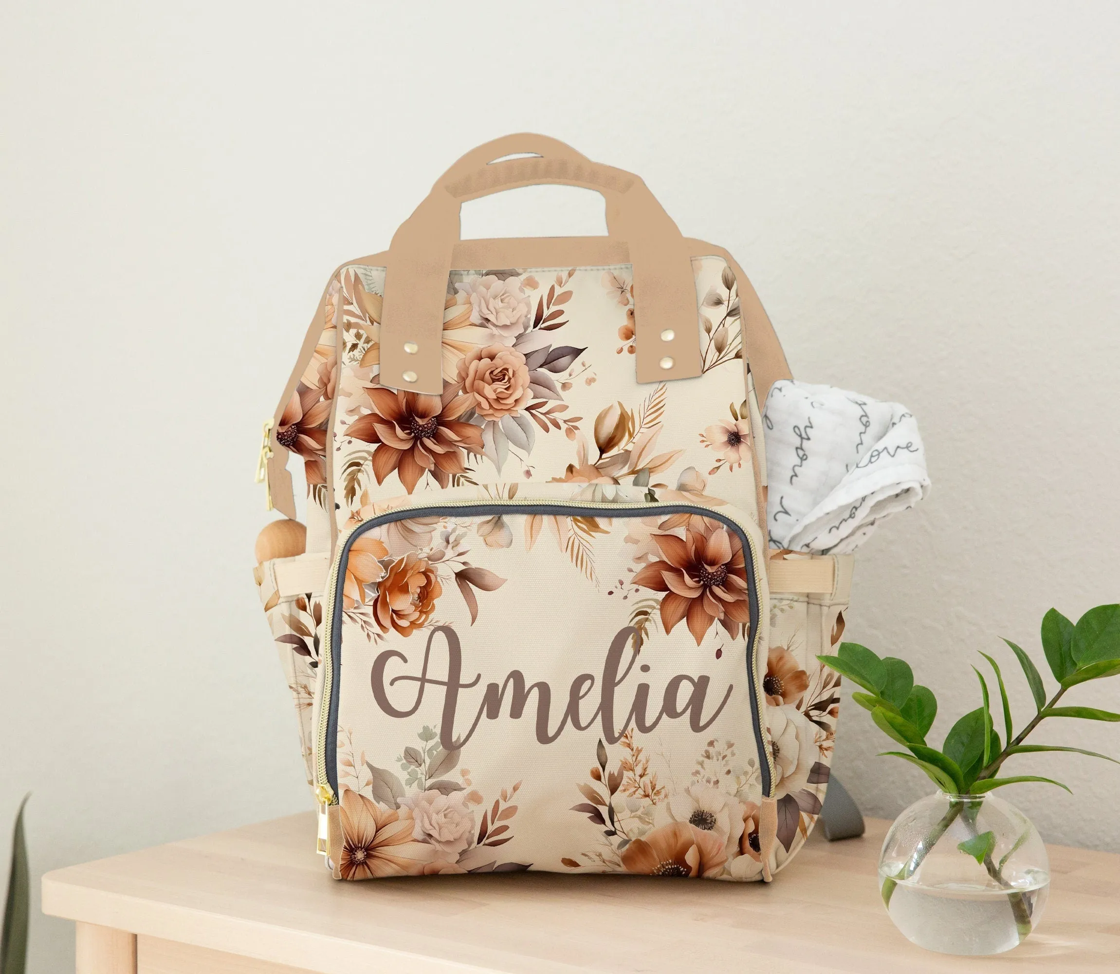 DIAPER BAG BACKPACK - PERSONALIZED NEUTRAL FLORAL