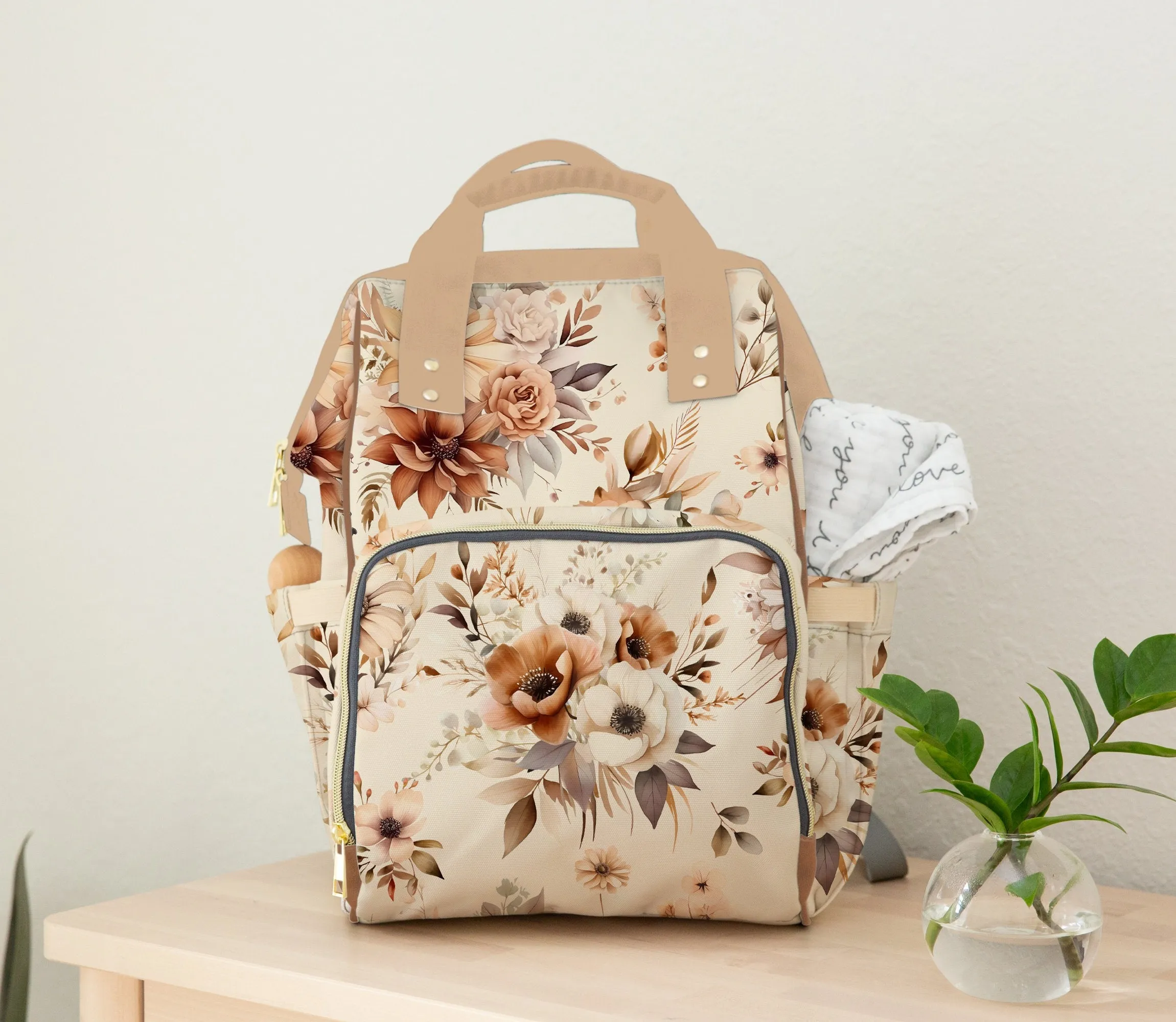 DIAPER BAG BACKPACK - PERSONALIZED NEUTRAL FLORAL