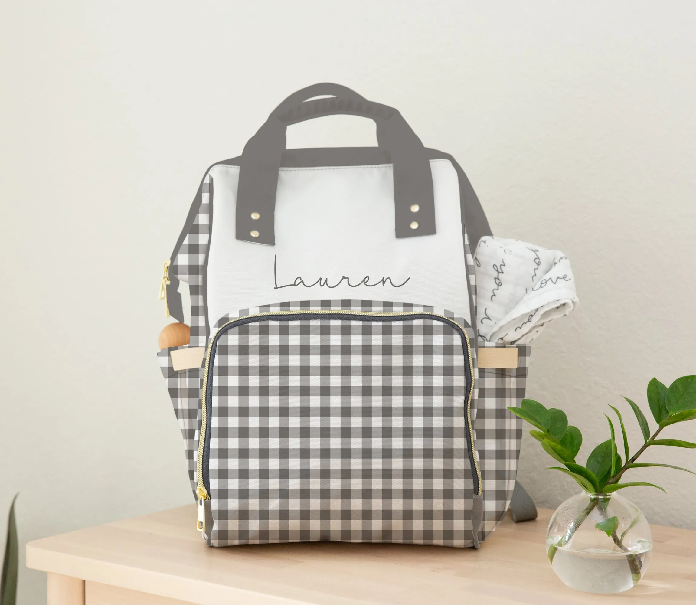 DIAPER BAG BACKPACK - PERSONALIZED NEUTRAL GINGHAM