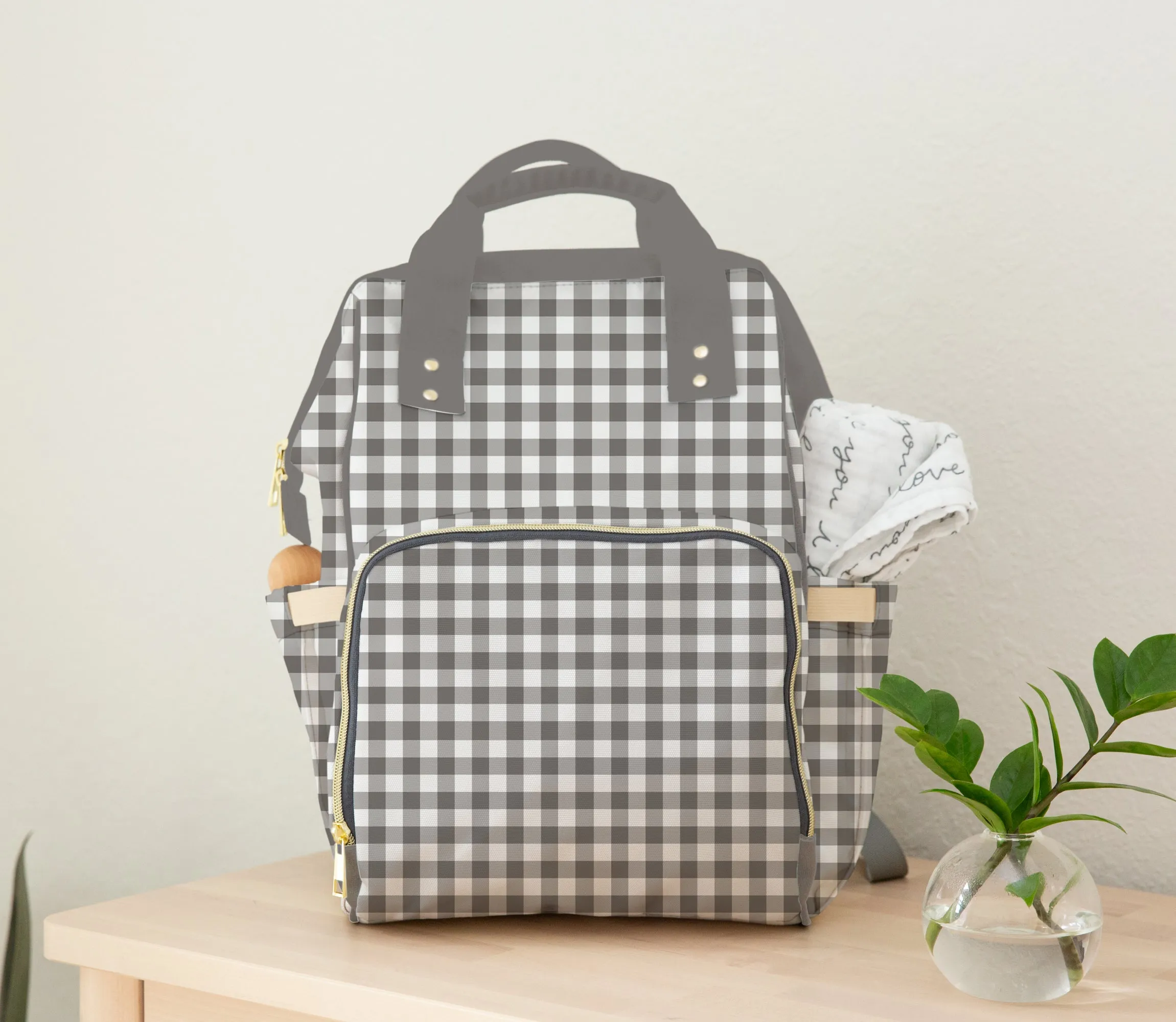 DIAPER BAG BACKPACK - PERSONALIZED NEUTRAL GINGHAM