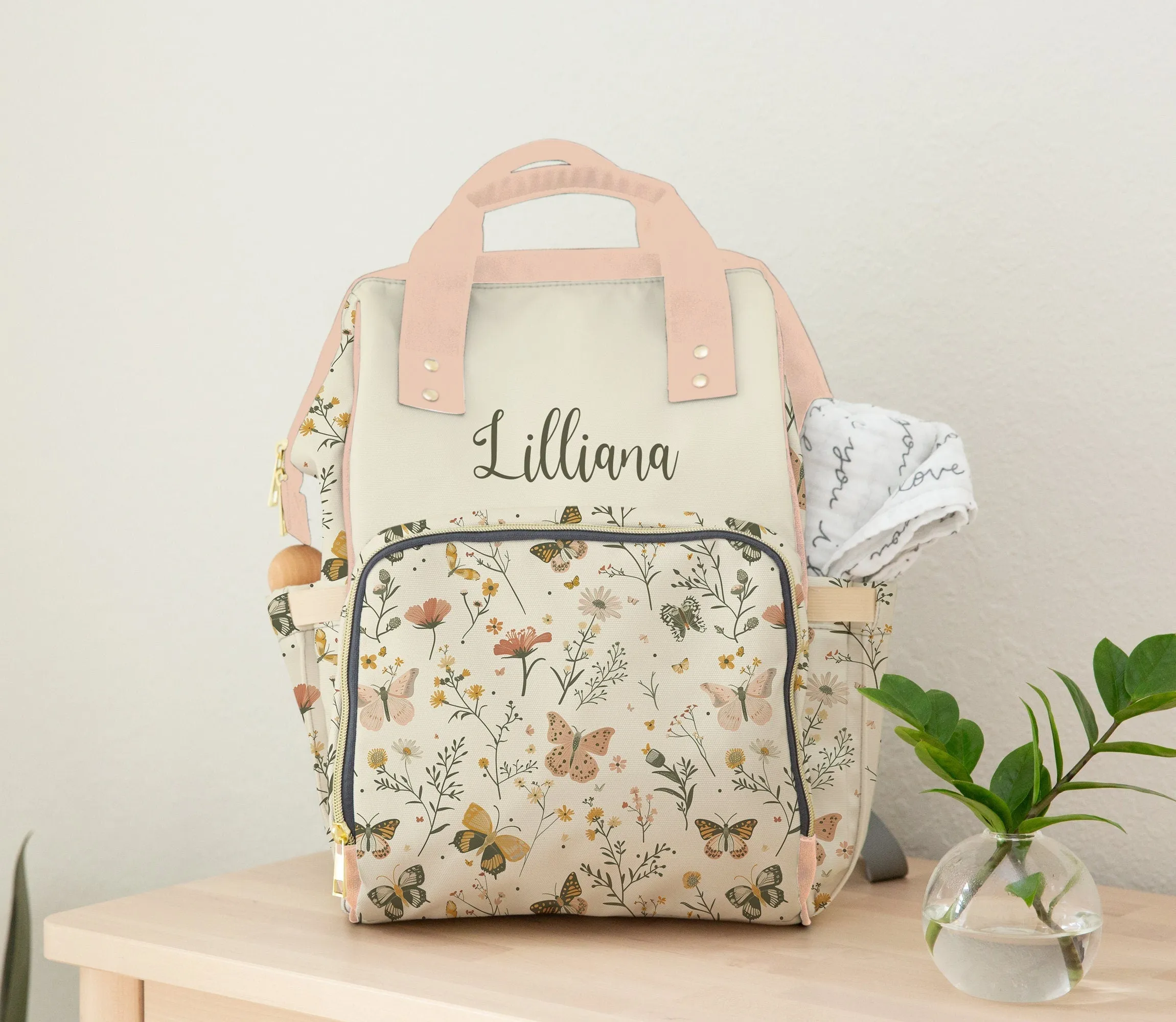 DIAPER BAG BACKPACK - PERSONALIZED WILDFLOWER BUTTERFLY