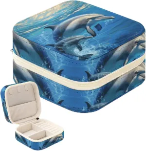 Dolphins in The Sea Jewelry Box for Women Personalized Jewelry Storage Box Portable Travel Jewelry Case for Ring Pendant Earring Necklace Bracelet