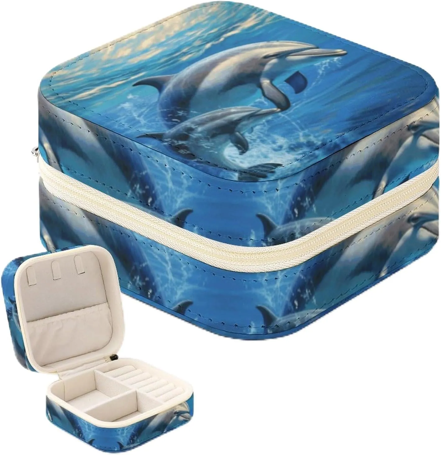 Dolphins in The Sea Jewelry Box for Women Personalized Jewelry Storage Box Portable Travel Jewelry Case for Ring Pendant Earring Necklace Bracelet