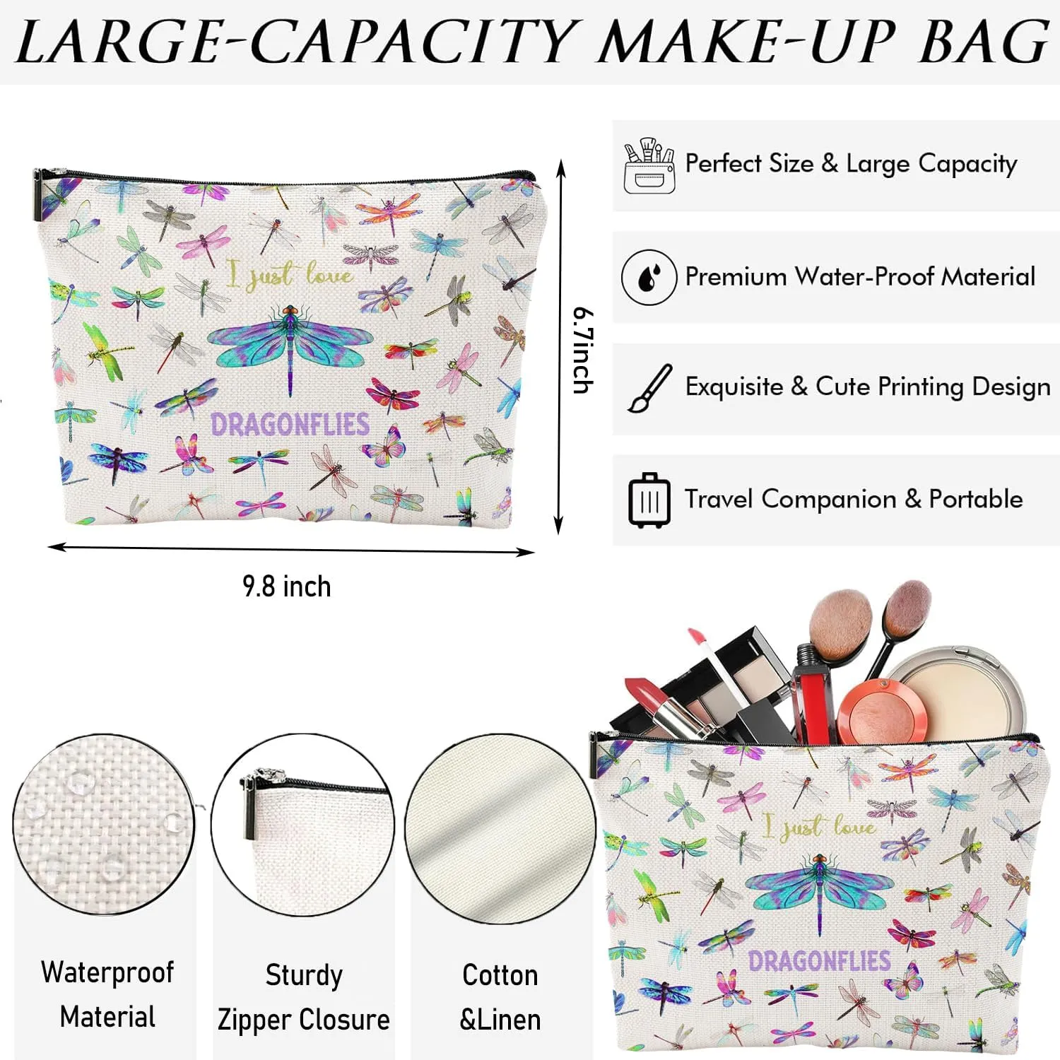 Dragonfly Gifts for Women, Dragonfly Gifts, Small Makeup Bag, Dragonfly Lover Gifts Waterproof Funny Cosmetic Bag for Women Zipper Travel Toiletry Pouch, Beige