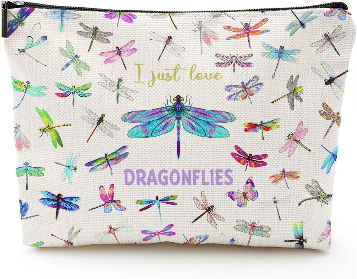 Dragonfly Gifts for Women, Dragonfly Gifts, Small Makeup Bag, Dragonfly Lover Gifts Waterproof Funny Cosmetic Bag for Women Zipper Travel Toiletry Pouch, Beige