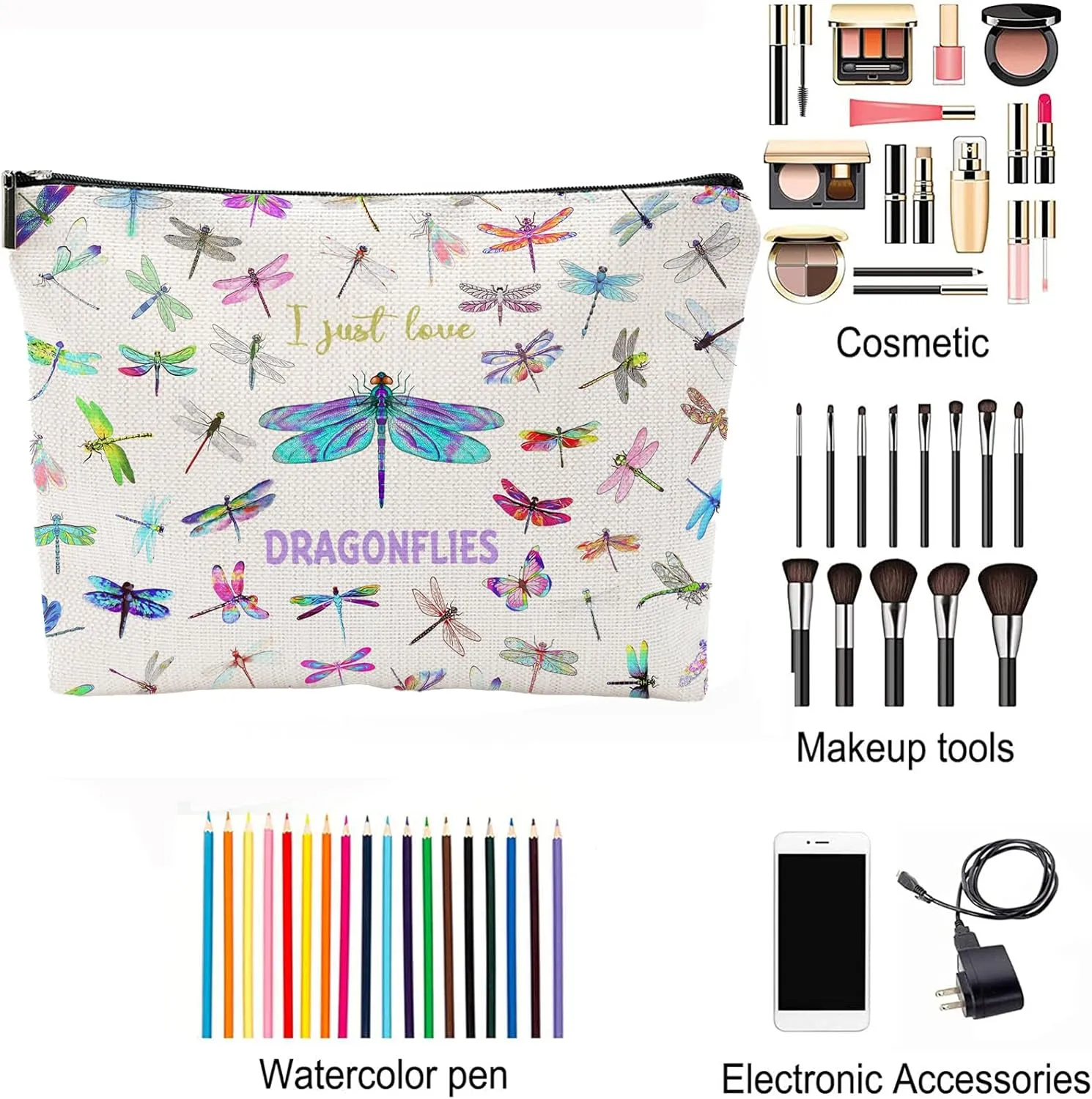 Dragonfly Gifts for Women, Dragonfly Gifts, Small Makeup Bag, Dragonfly Lover Gifts Waterproof Funny Cosmetic Bag for Women Zipper Travel Toiletry Pouch, Beige