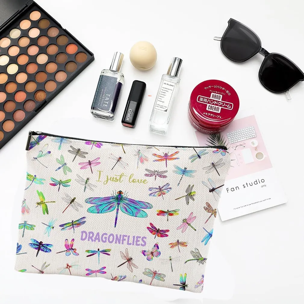 Dragonfly Gifts for Women, Dragonfly Gifts, Small Makeup Bag, Dragonfly Lover Gifts Waterproof Funny Cosmetic Bag for Women Zipper Travel Toiletry Pouch, Beige