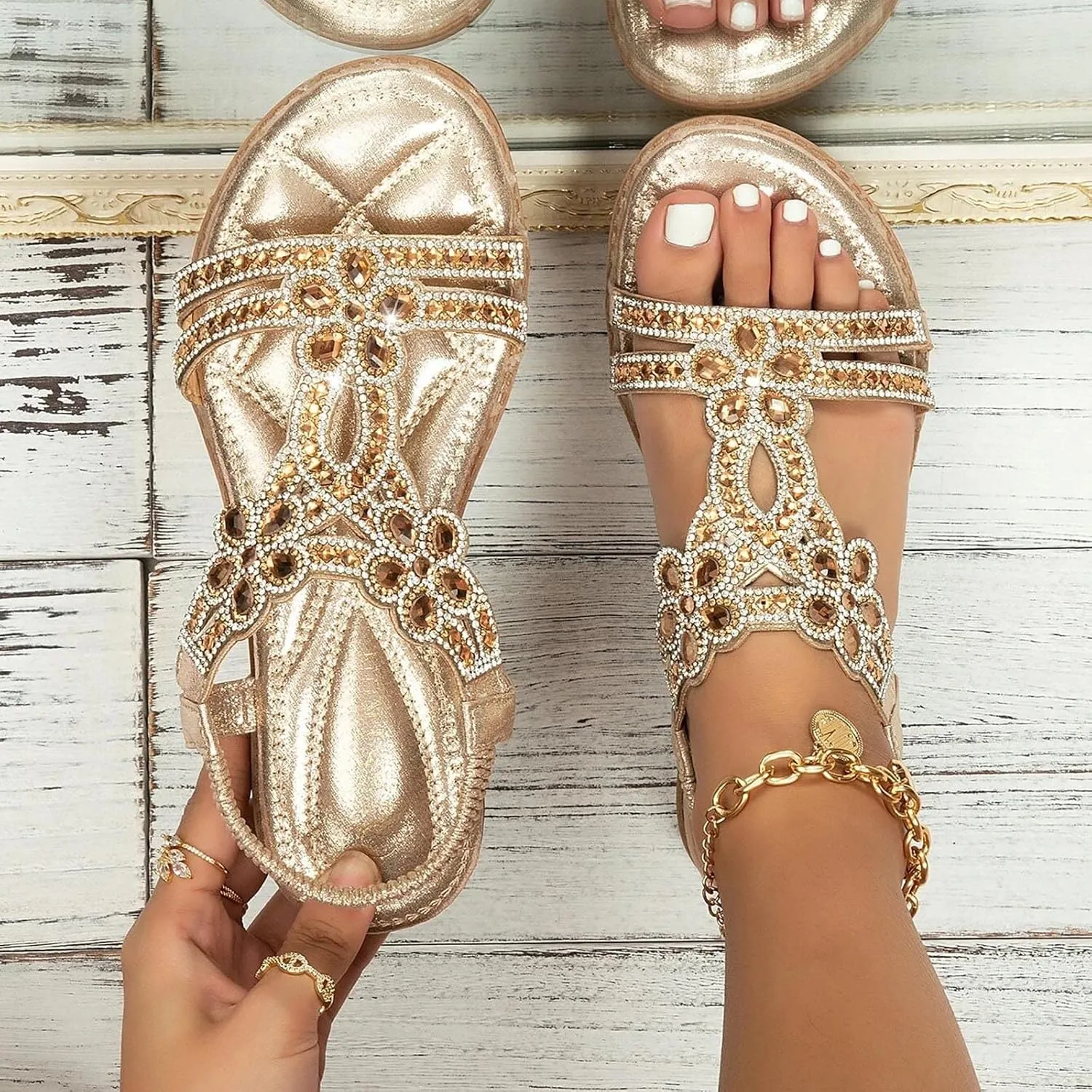 Eduavar Orthopedic Sandals for Women, Sandals Women Comfortable Cute Bohemia Sandals Summer Beach Crystal Peep Toe Sandals