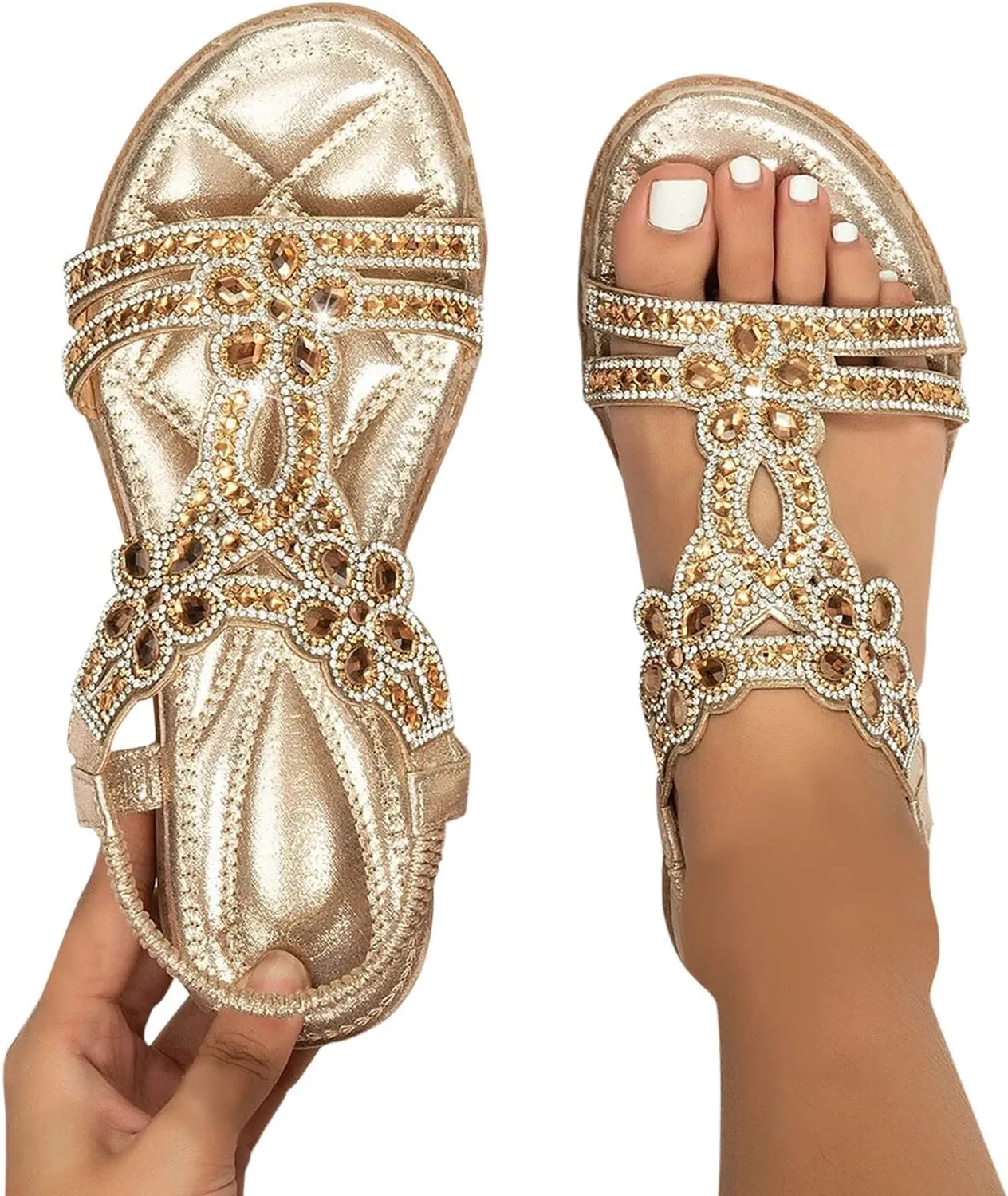 Eduavar Orthopedic Sandals for Women, Sandals Women Comfortable Cute Bohemia Sandals Summer Beach Crystal Peep Toe Sandals
