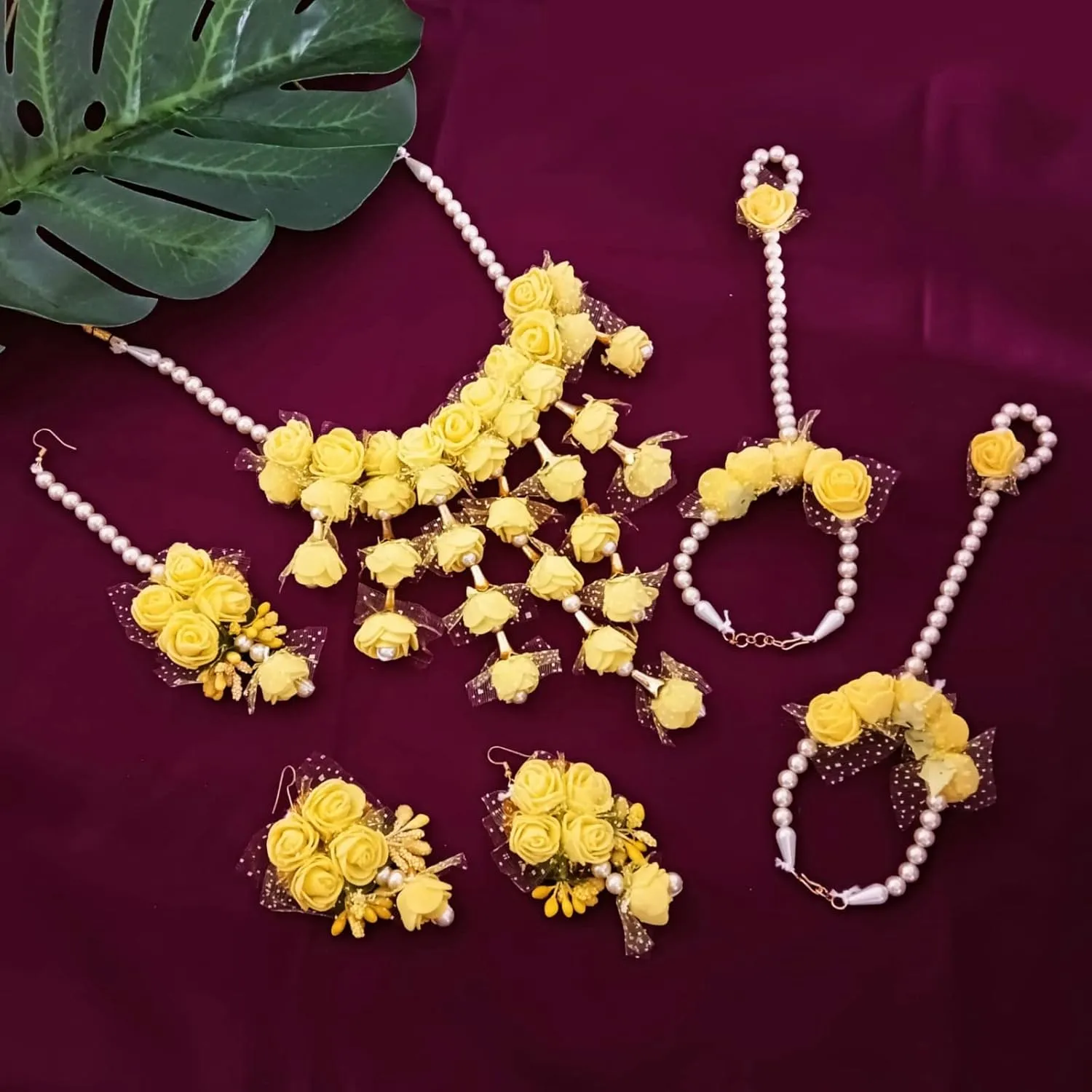Efulgenz Indian Floral Haldi Mehandi Jewelry Set for Women Necklace Earrings Maangtikka Bracelet Set Flower Haldi Mehandi Jewelry Bollywood Bridal Wedding Jewelry