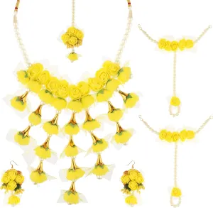 Efulgenz Indian Floral Haldi Mehandi Jewelry Set for Women Necklace Earrings Maangtikka Bracelet Set Flower Haldi Mehandi Jewelry Bollywood Bridal Wedding Jewelry