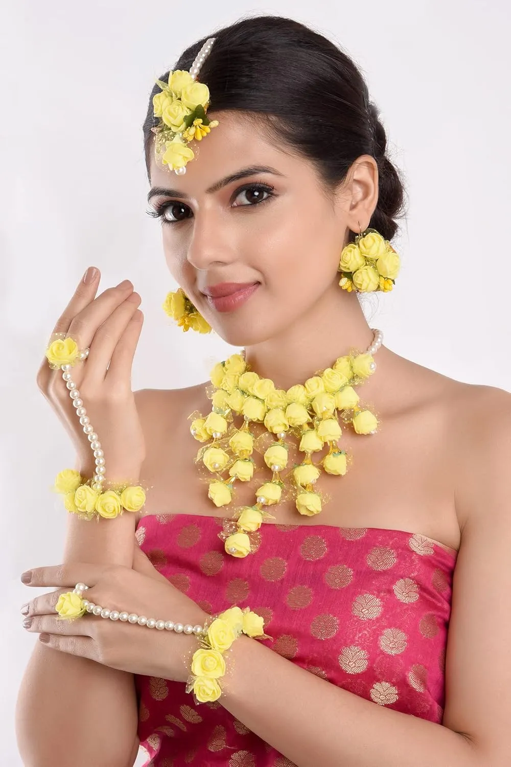 Efulgenz Indian Floral Haldi Mehandi Jewelry Set for Women Necklace Earrings Maangtikka Bracelet Set Flower Haldi Mehandi Jewelry Bollywood Bridal Wedding Jewelry