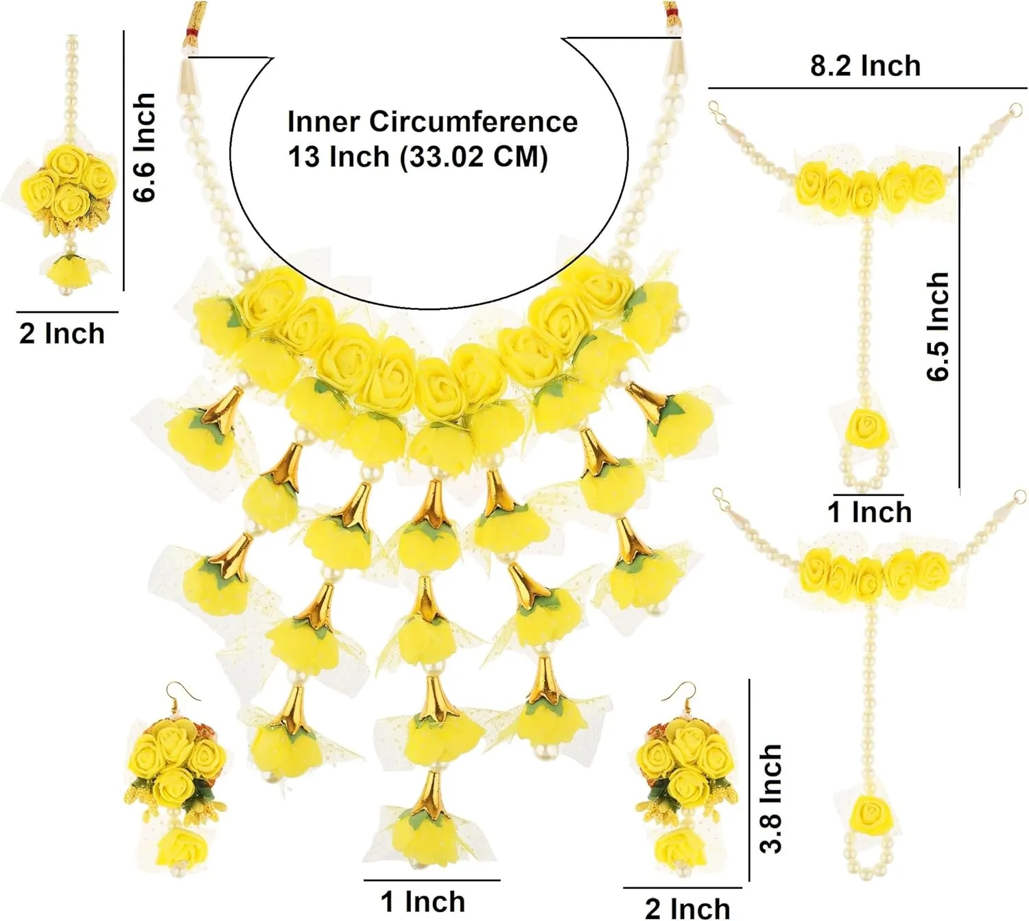 Efulgenz Indian Floral Haldi Mehandi Jewelry Set for Women Necklace Earrings Maangtikka Bracelet Set Flower Haldi Mehandi Jewelry Bollywood Bridal Wedding Jewelry