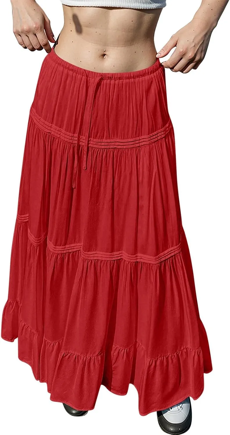Flowy Tiered Maxi Skirts for Women Trendy Summer Boho Long Skirts Elastic Drawstring Waist Pleated Swing A Line Skirt