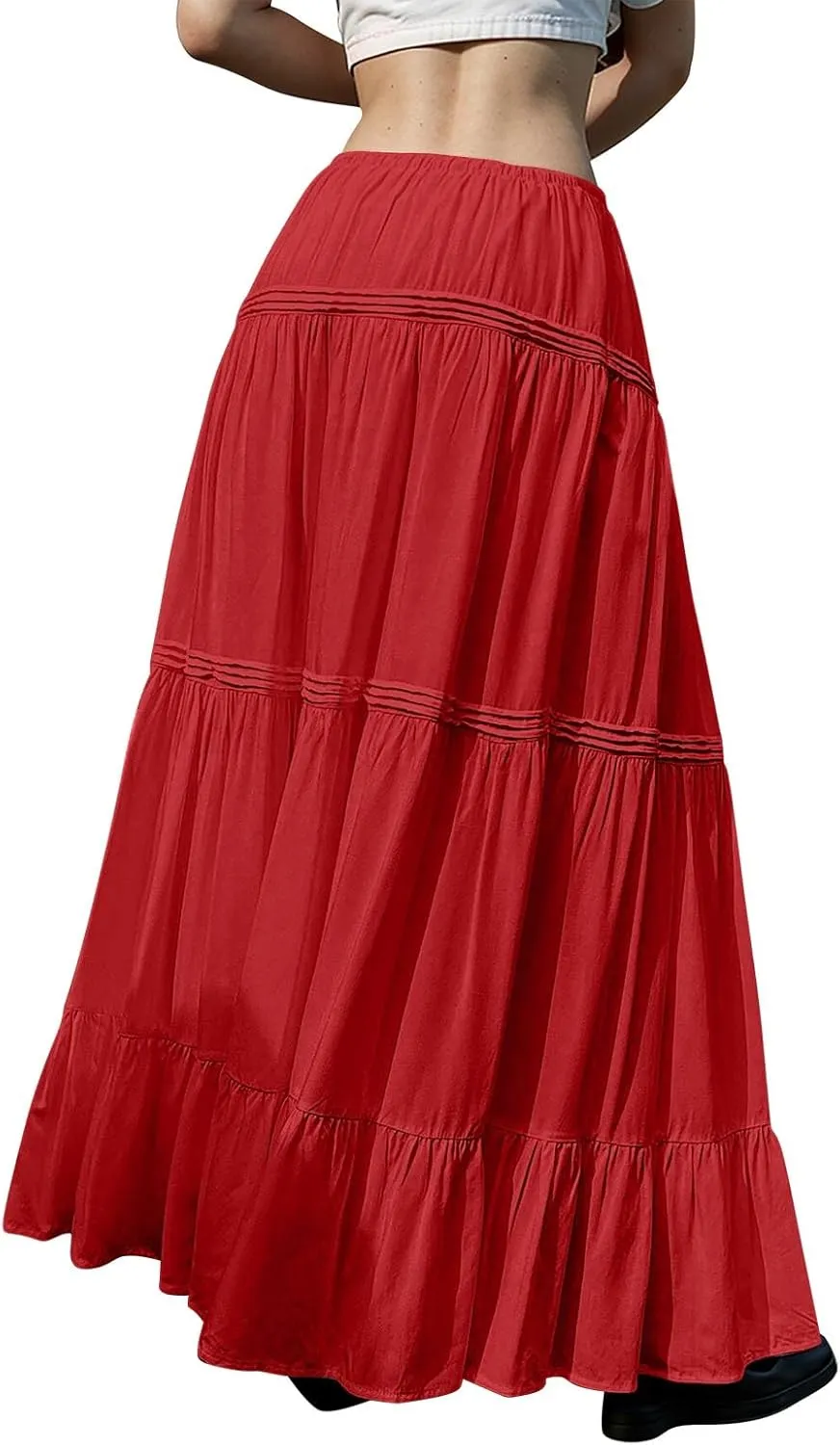 Flowy Tiered Maxi Skirts for Women Trendy Summer Boho Long Skirts Elastic Drawstring Waist Pleated Swing A Line Skirt