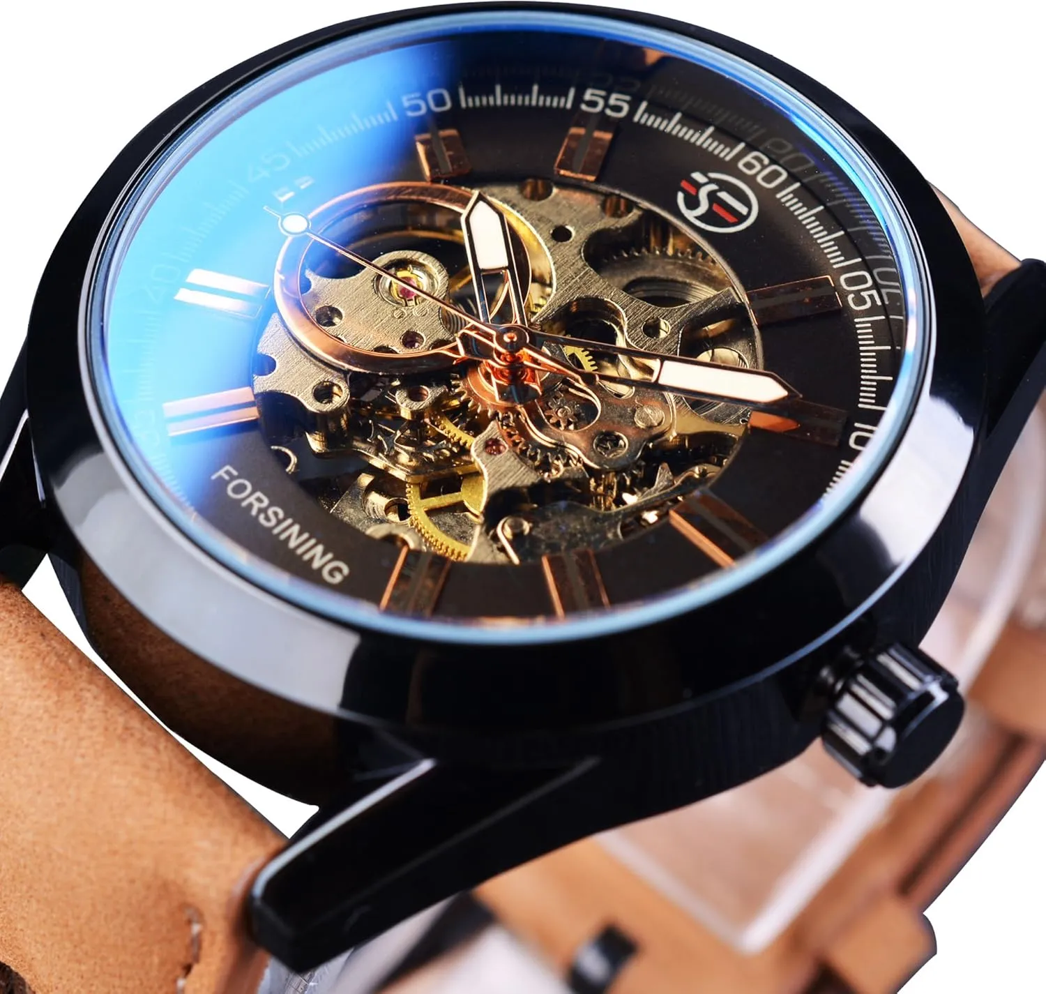 FORSINING 3D Blue Hardlex Glass Mens Transparent Sport Casual Mechanical Automatic Wrist Watch Top Brand Luxury