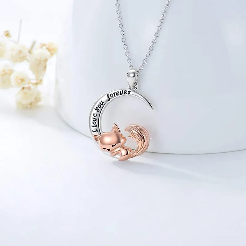 Fox Necklace Sterling Silver Cute Little Fox Heart Pendant Necklace Gifts for Girls Women Friends