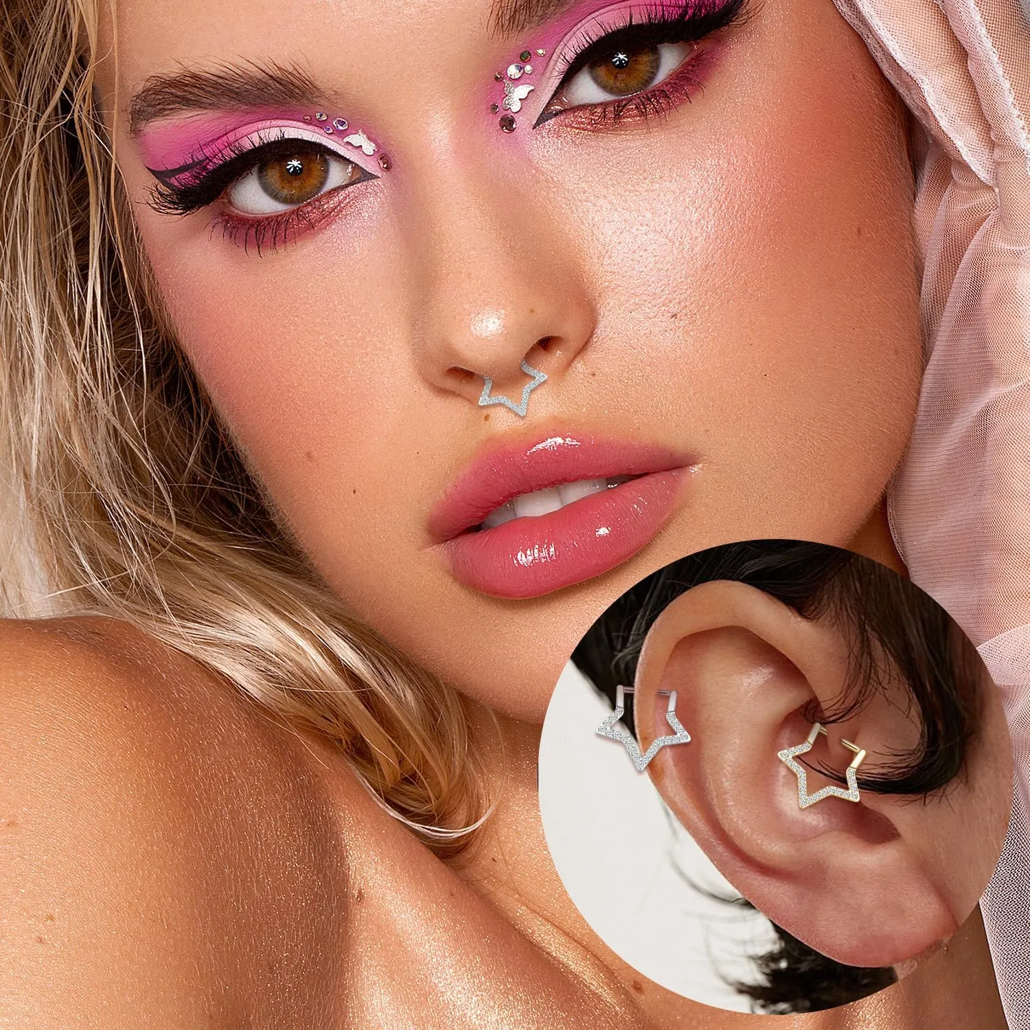 FUNLMO Star Septum Jewelry Daith Piercing Jewelry Nose Ring Huggie Earring Cartilage Earring Tragus Helix Rook Conch Piercing Jewelry 316L Surgical Steel