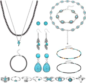 FUNRUN JEWELRY Western Jewelry for Women Bohemian Western Necklaces Belt Turquoise Dangle Earrings Knuckle Rings Navajo Pearl Necklace Boho Turquoise Jewelry Set