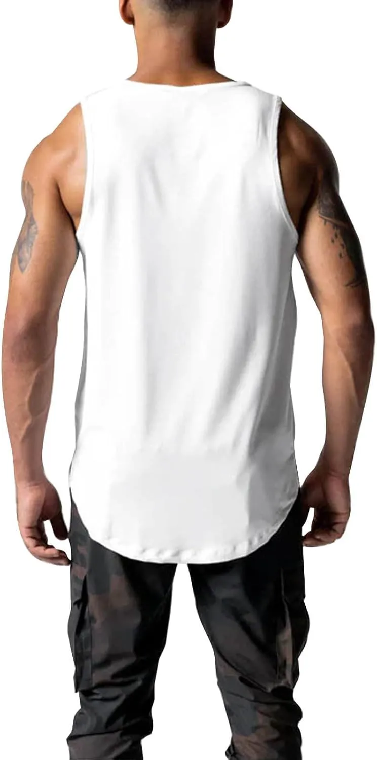 Fxbar Mens Hipster Hip Hop Sports Tank Tops Longline Dropcut Solid Curved Hem Tank Top Shirts for Men's Fitness