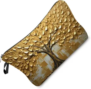Golden Tree Makeup Bag Oil Painting Tree Pattern Small Cute Organizer Bag Zipper Pouch Golden Tree Print Cosmetic Bag Present for Women Friends