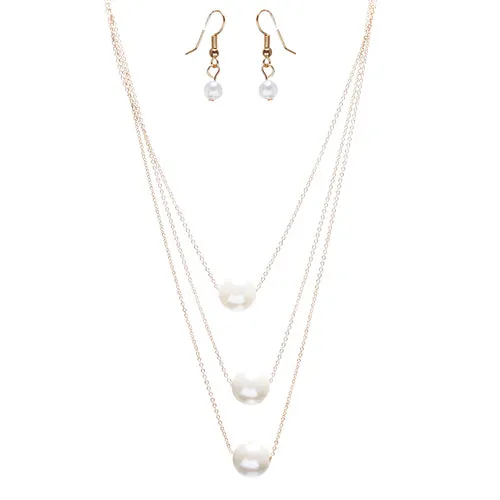 Gorgeous Layered Chains Pearl Fashion Necklace JN267 Gold White