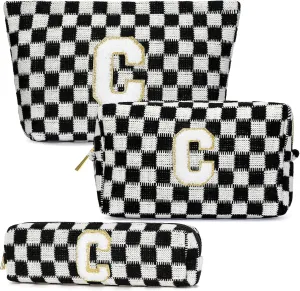 Graduation Gifts for Her,3 Pieces Checkered Makeup Bag Personalized Initial Make Up Bag Cute Storage Pouch Travel Toiletry Cosmetic Bag Teacher Birthday Gifts for Women (Black-C)