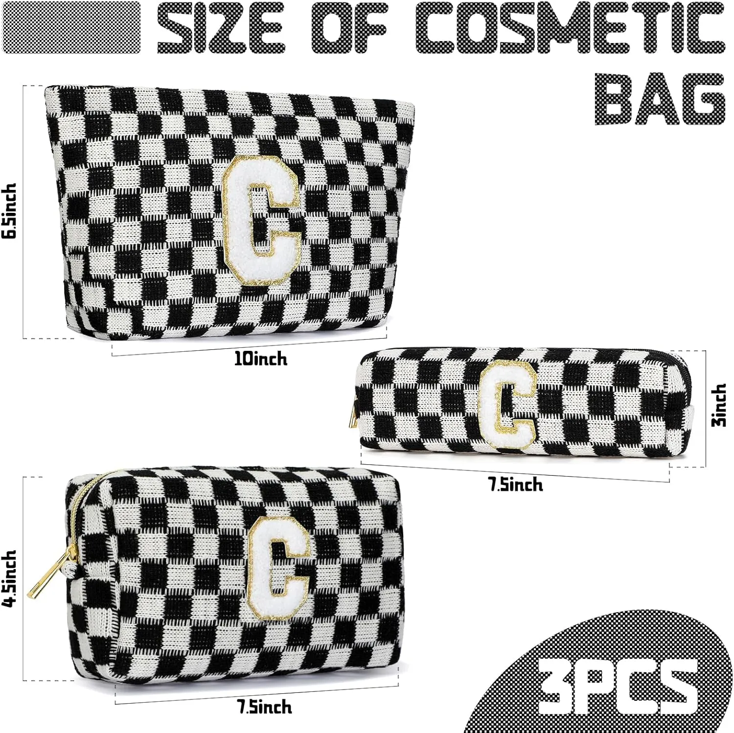 Graduation Gifts for Her,3 Pieces Checkered Makeup Bag Personalized Initial Make Up Bag Cute Storage Pouch Travel Toiletry Cosmetic Bag Teacher Birthday Gifts for Women (Black-C)