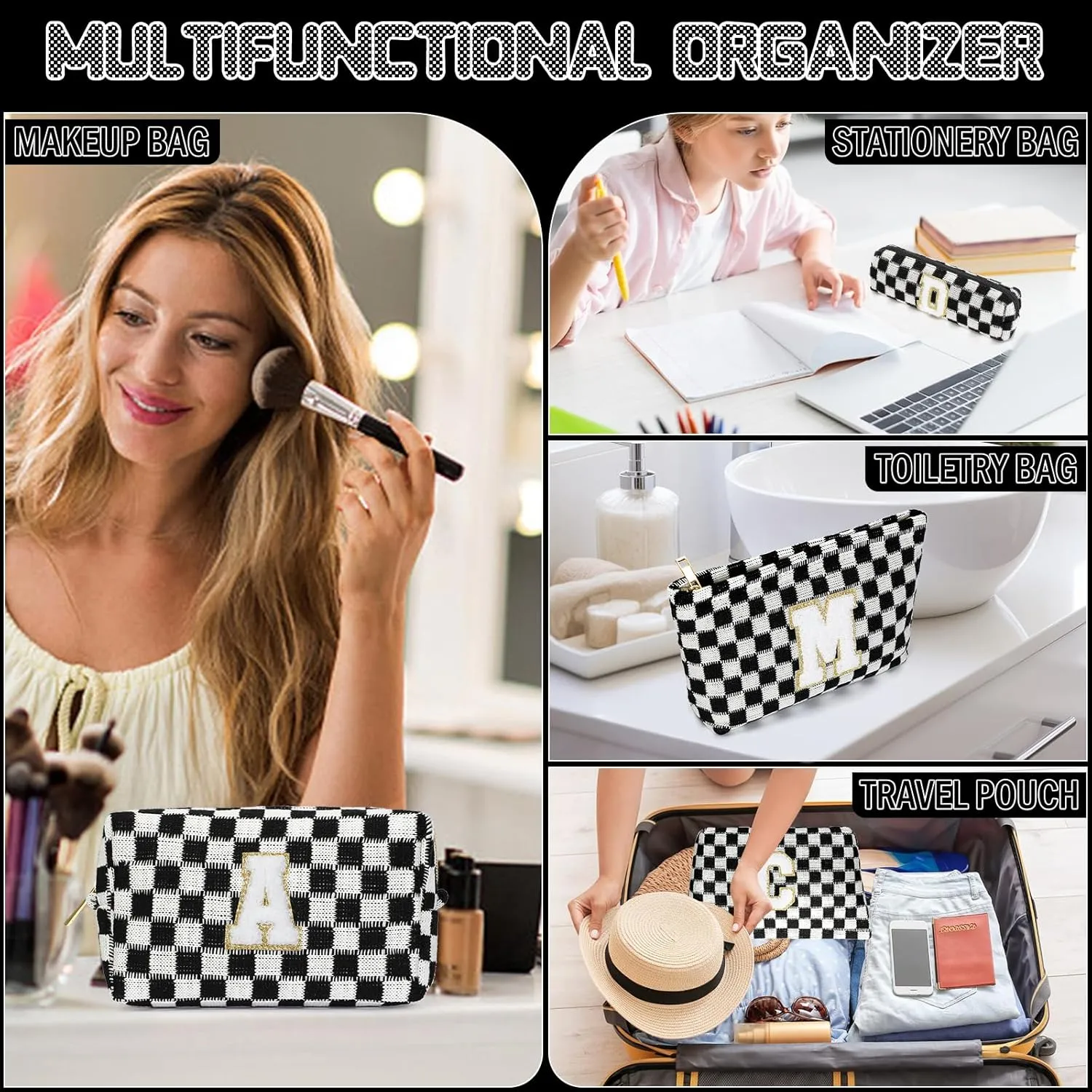Graduation Gifts for Her,3 Pieces Checkered Makeup Bag Personalized Initial Make Up Bag Cute Storage Pouch Travel Toiletry Cosmetic Bag Teacher Birthday Gifts for Women (Black-C)