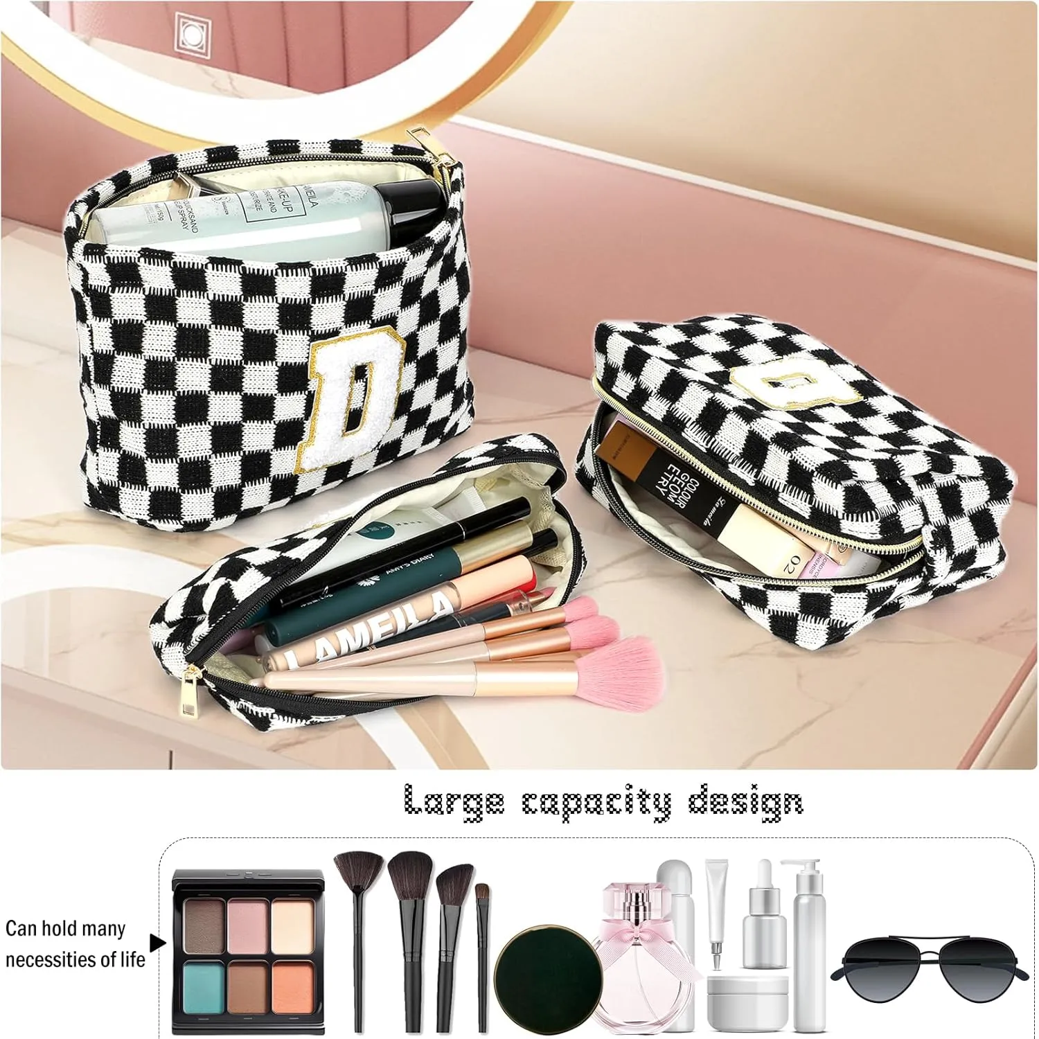 Graduation Gifts for Her,3 Pieces Checkered Makeup Bag Personalized Initial Make Up Bag Cute Storage Pouch Travel Toiletry Cosmetic Bag Teacher Birthday Gifts for Women (Black-C)