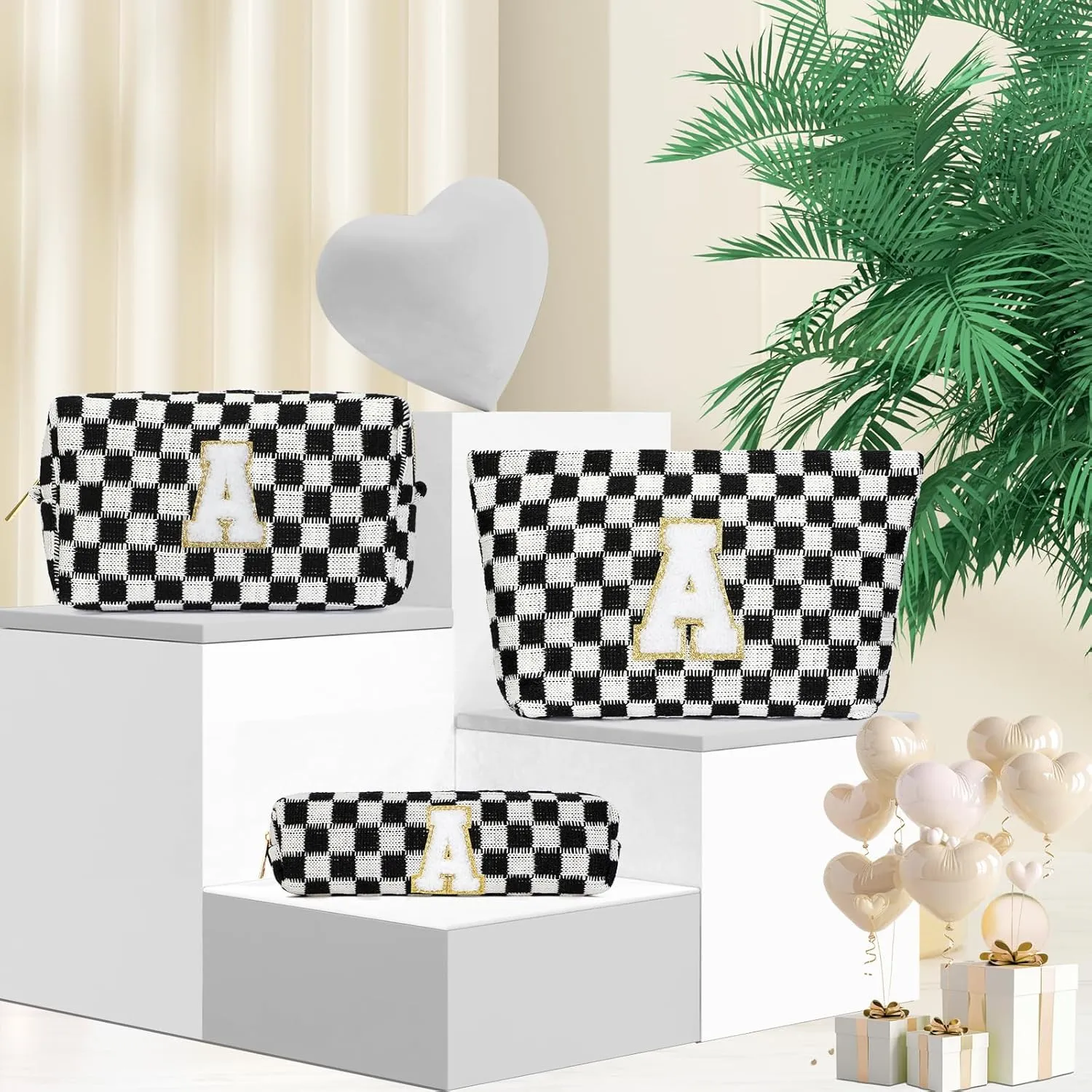 Graduation Gifts for Her,3 Pieces Checkered Makeup Bag Personalized Initial Make Up Bag Cute Storage Pouch Travel Toiletry Cosmetic Bag Teacher Birthday Gifts for Women (Black-C)