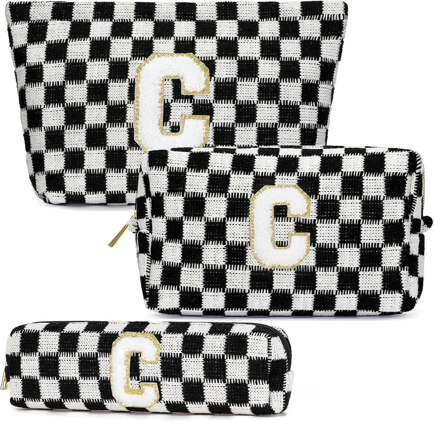 Graduation Gifts for Her,3 Pieces Checkered Makeup Bag Personalized Initial Make Up Bag Cute Storage Pouch Travel Toiletry Cosmetic Bag Teacher Birthday Gifts for Women (Black-C)