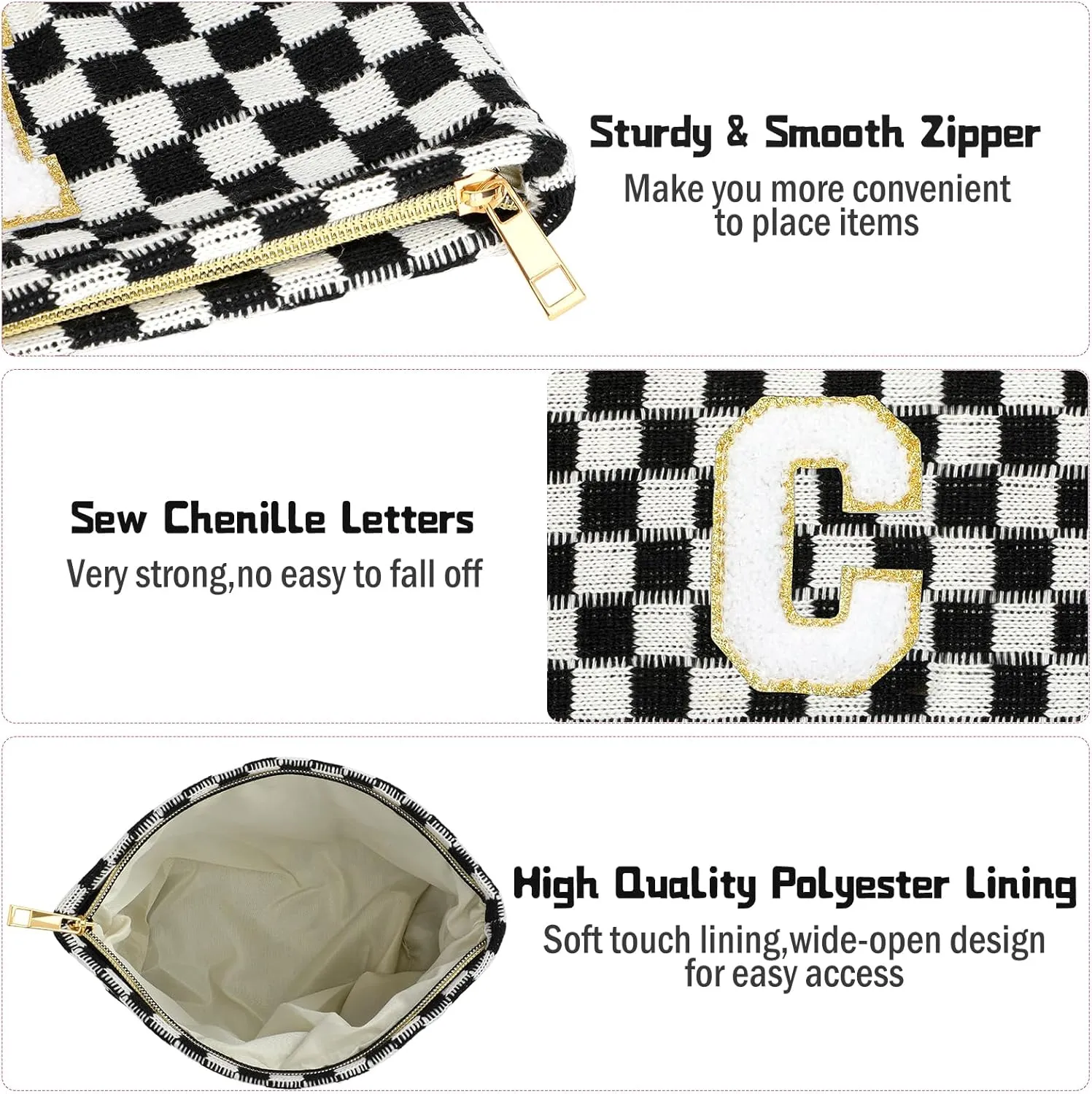 Graduation Gifts for Her,3 Pieces Checkered Makeup Bag Personalized Initial Make Up Bag Cute Storage Pouch Travel Toiletry Cosmetic Bag Teacher Birthday Gifts for Women (Black-C)