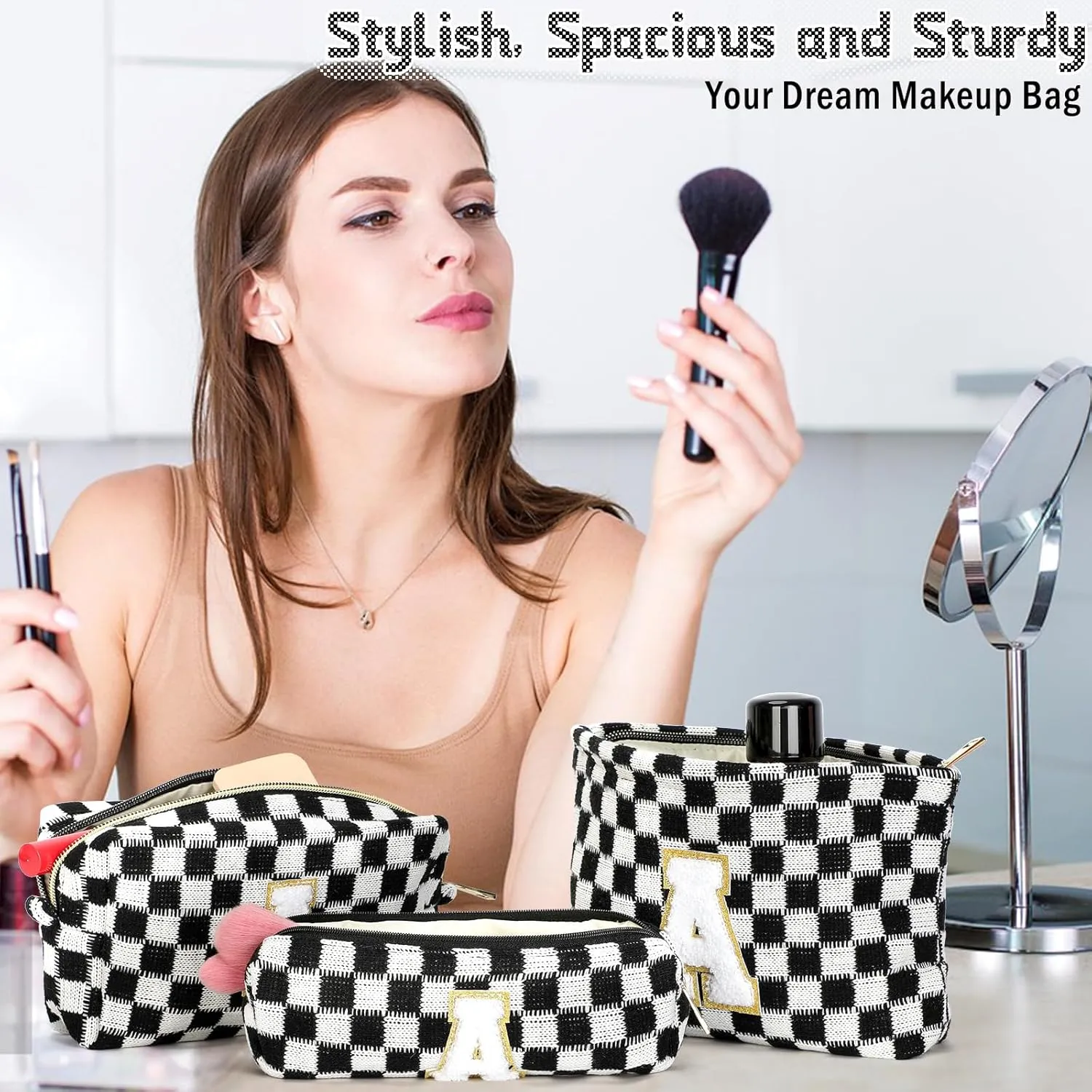 Graduation Gifts for Her,3 Pieces Checkered Makeup Bag Personalized Initial Make Up Bag Cute Storage Pouch Travel Toiletry Cosmetic Bag Teacher Birthday Gifts for Women (Black-C)