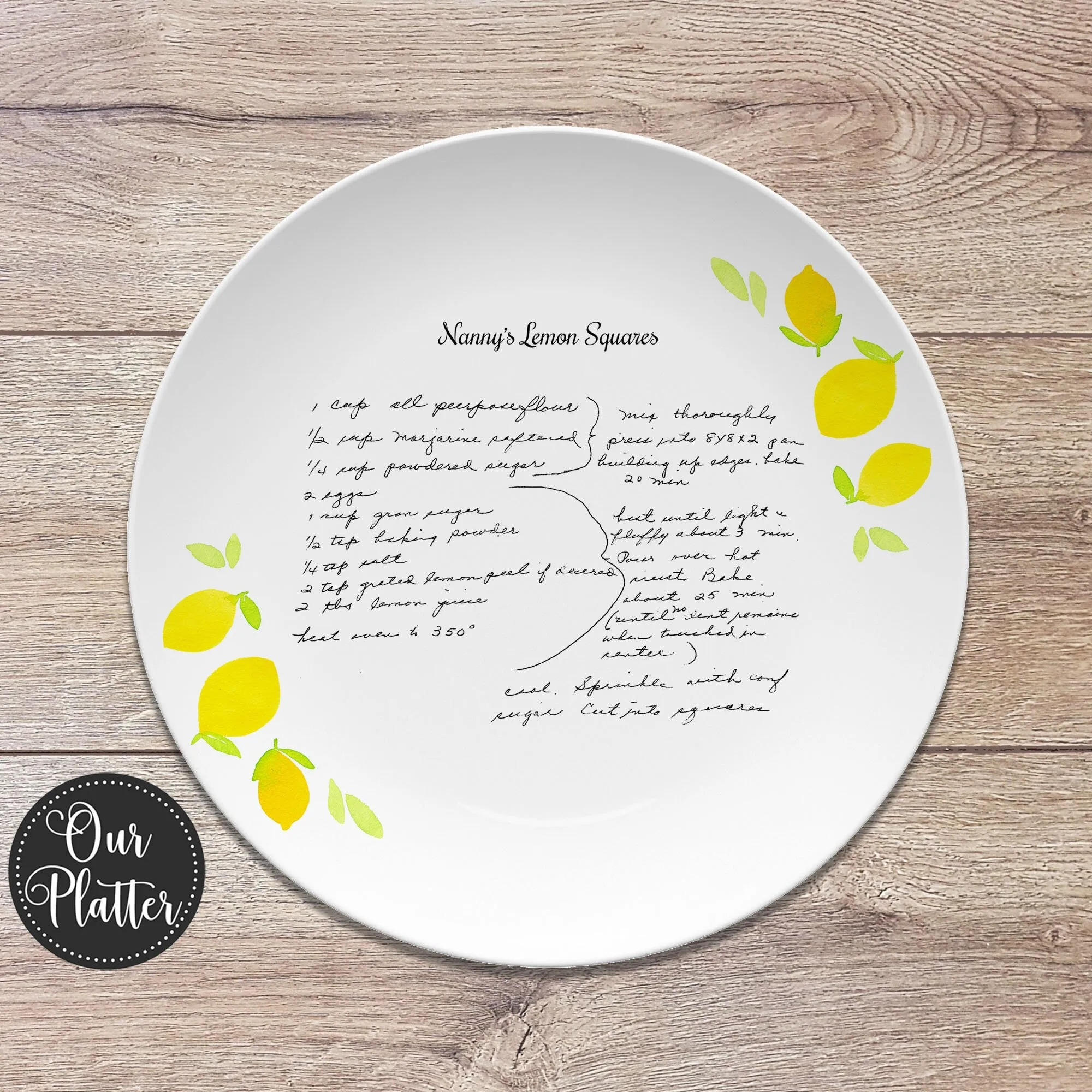 Handwritten Recipe Personalized Platter, Lemon Design