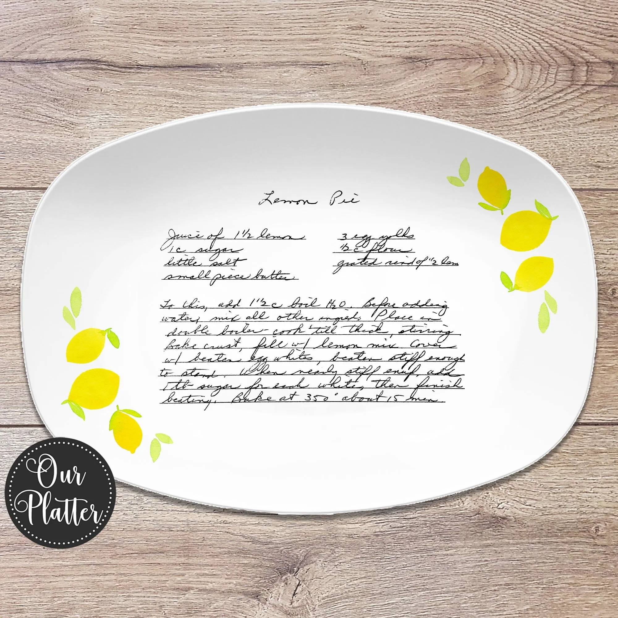 Handwritten Recipe Personalized Platter, Lemon Design