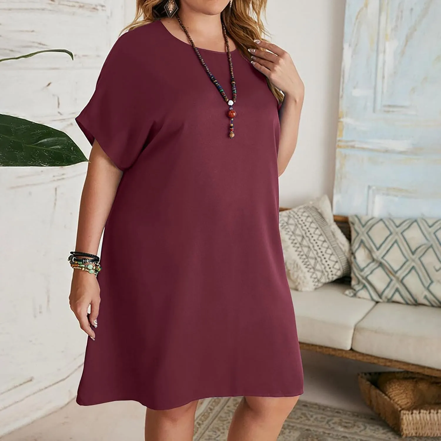 HGps8w Plus Size Women's T-Shirt Dress Summer Casual Short Sleeve Solid Color Loose Loungewear Dresses Nightshirts