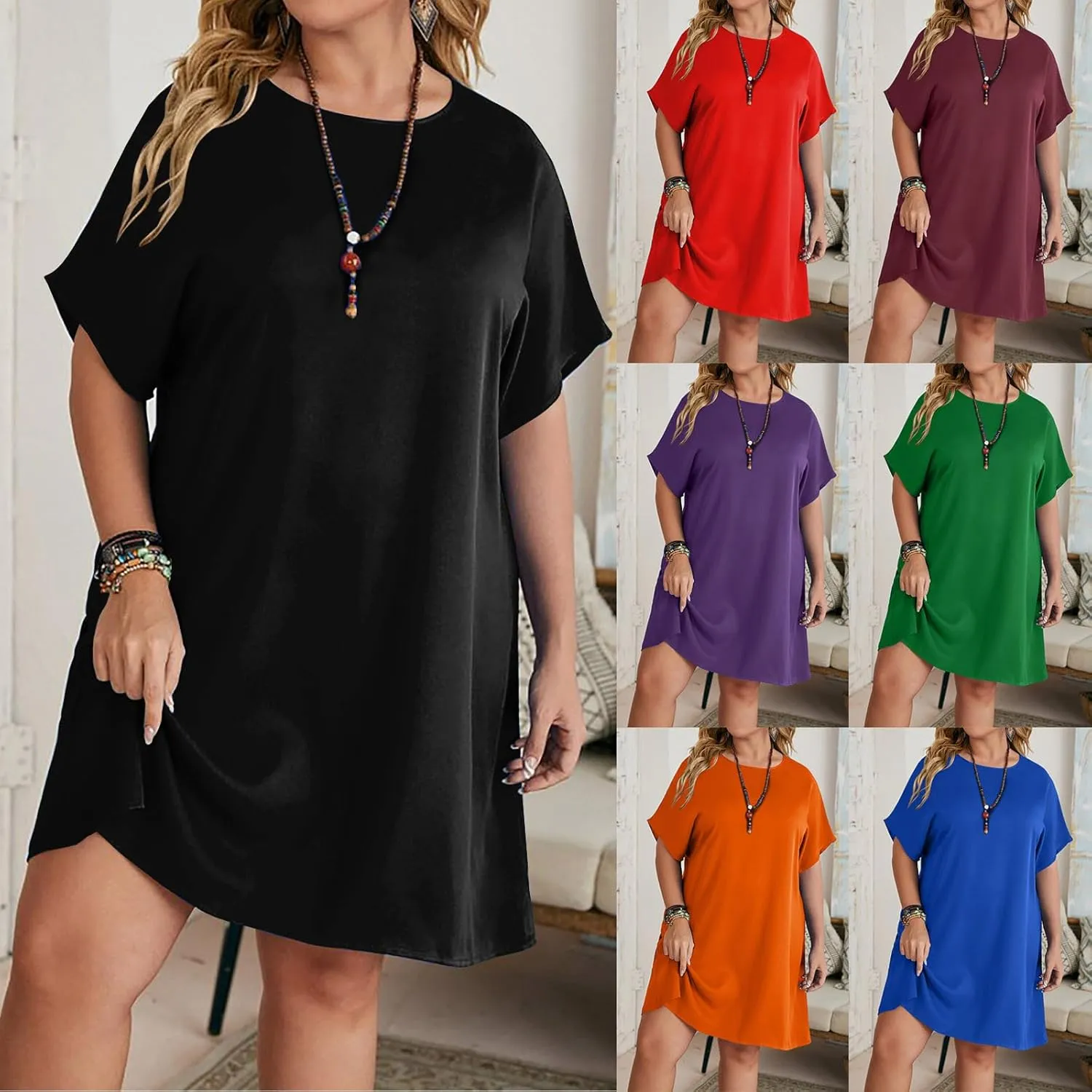 HGps8w Plus Size Women's T-Shirt Dress Summer Casual Short Sleeve Solid Color Loose Loungewear Dresses Nightshirts