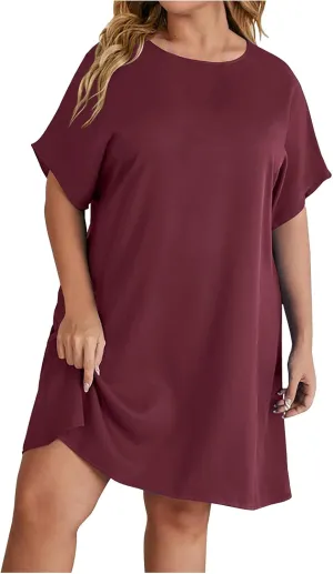 HGps8w Plus Size Women's T-Shirt Dress Summer Casual Short Sleeve Solid Color Loose Loungewear Dresses Nightshirts
