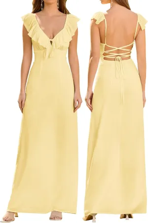 HTZMO Women Summer Casual Boho Maxi Dress Sexy V Neck Ruffle Backless Tie Beach Party Long Sundress for 2025