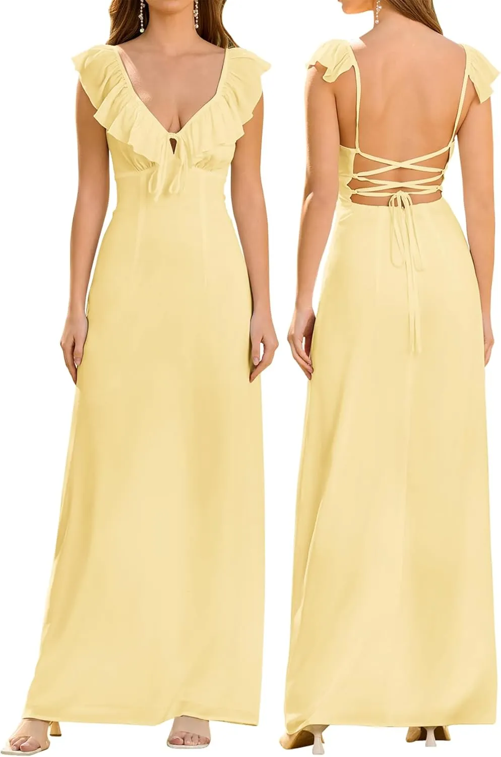 HTZMO Women Summer Casual Boho Maxi Dress Sexy V Neck Ruffle Backless Tie Beach Party Long Sundress for 2025