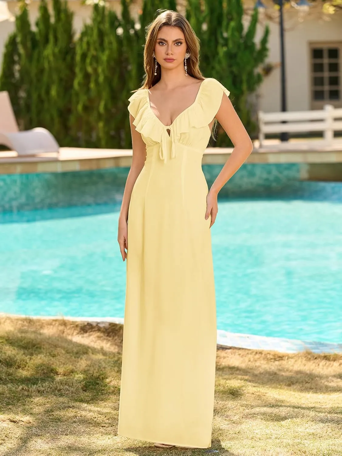 HTZMO Women Summer Casual Boho Maxi Dress Sexy V Neck Ruffle Backless Tie Beach Party Long Sundress for 2025