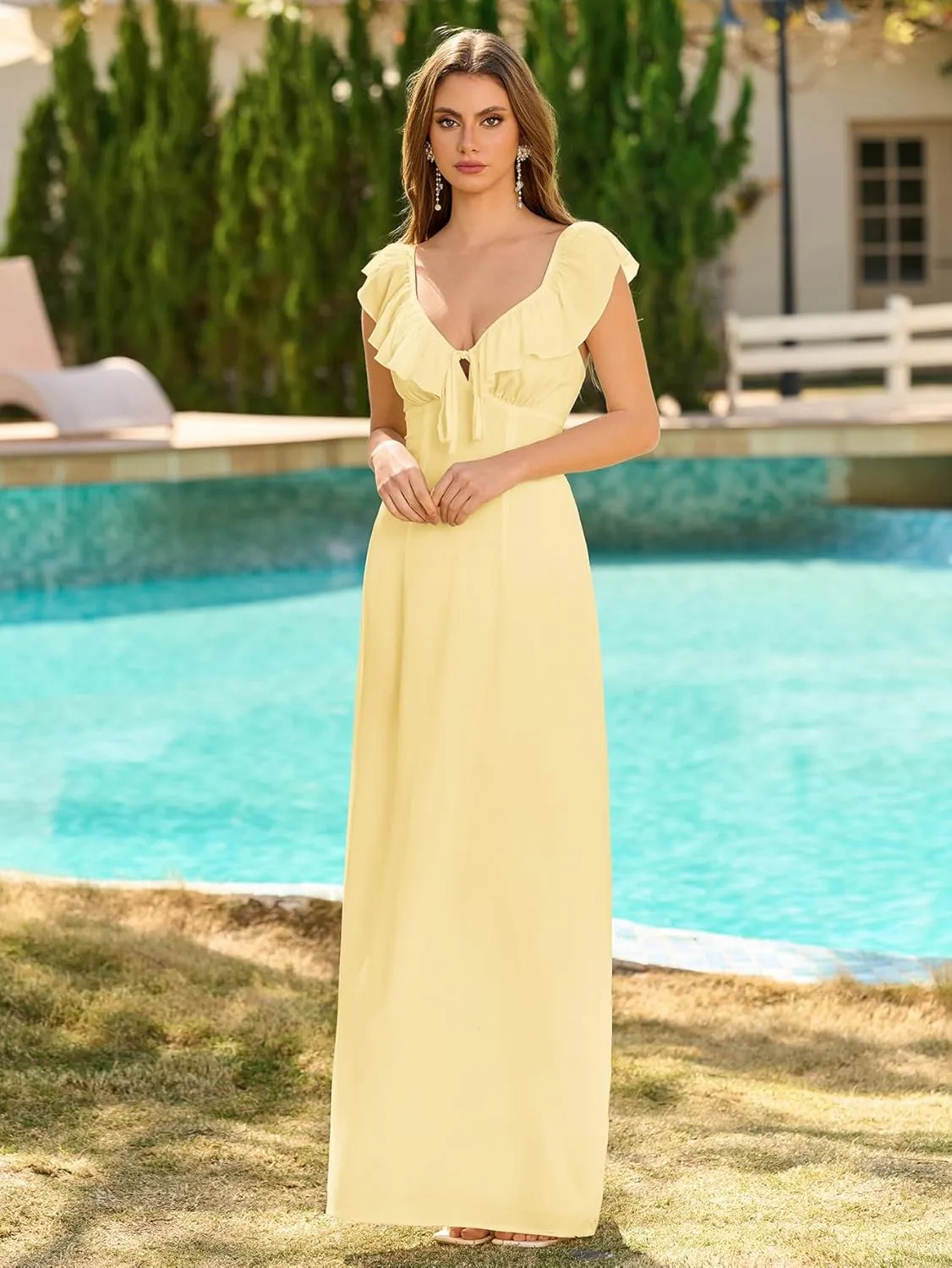 HTZMO Women Summer Casual Boho Maxi Dress Sexy V Neck Ruffle Backless Tie Beach Party Long Sundress for 2025