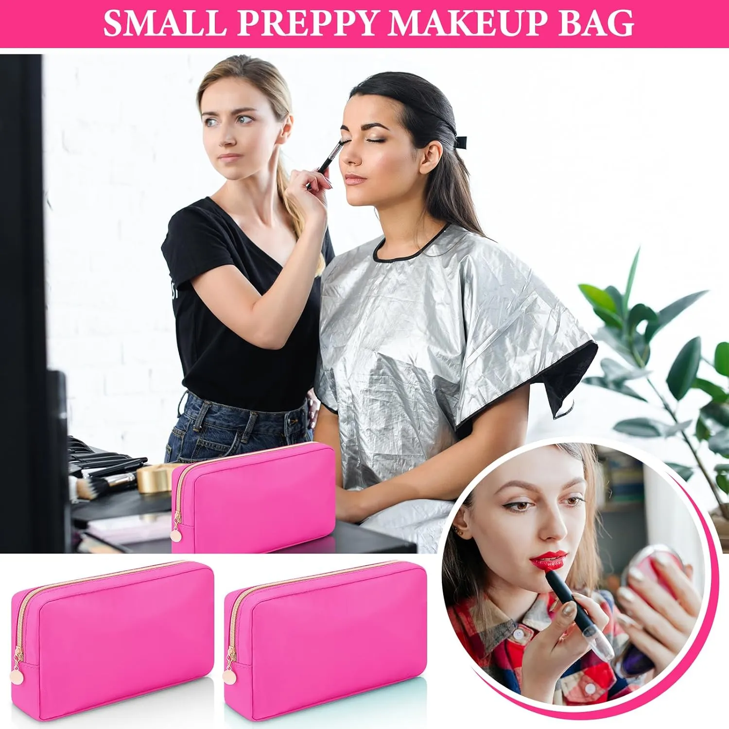 Hushee 4 Pcs Nylon Makeup Bag Preppy Zipper Pouch Waterproof Nylon Toiletry Storage Bag for Women(Small,Hot Pink)