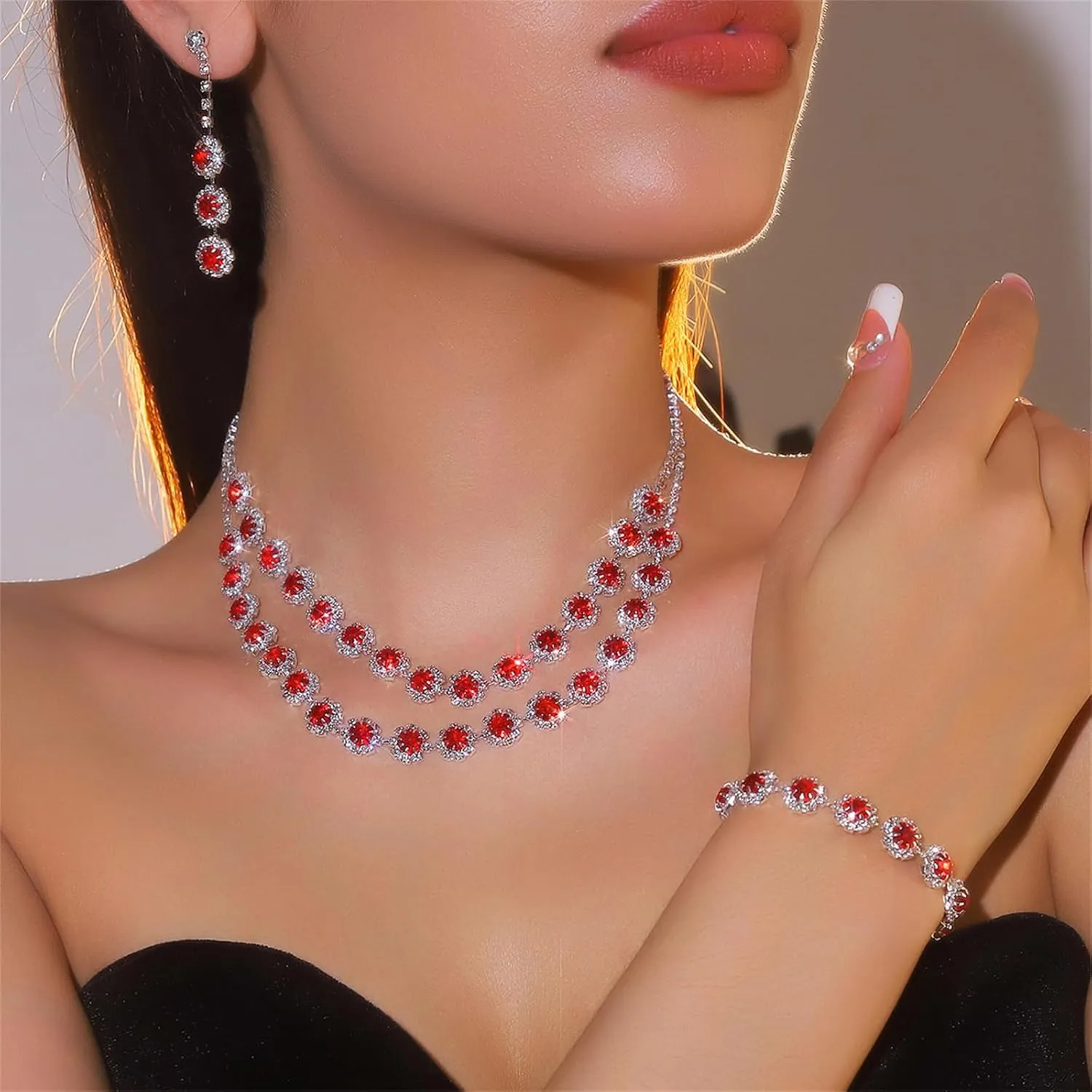 Jewelry Set Wedding Jewelry Sets for Women,Rhinestone Crystal Statement Choker Necklace Earrings Bracelet Set Bridal Wedding Prom Jewelry Set Accessories